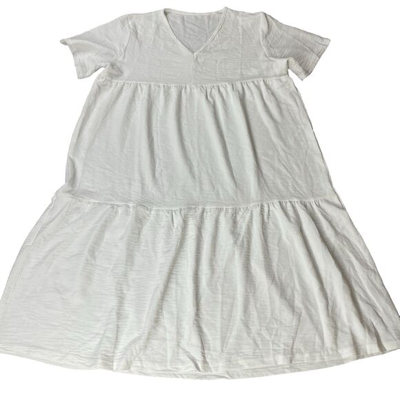 Tiered V Neck Short Sleeve Midi Dress Women's Large White Beach Boho Lorelei - Picture 1 of 12